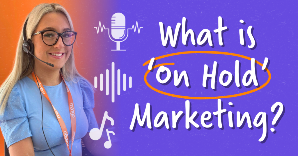 what is on hold marketing featured image - smiling blonde girl with headset, orange and purple background with microphone and music icons 