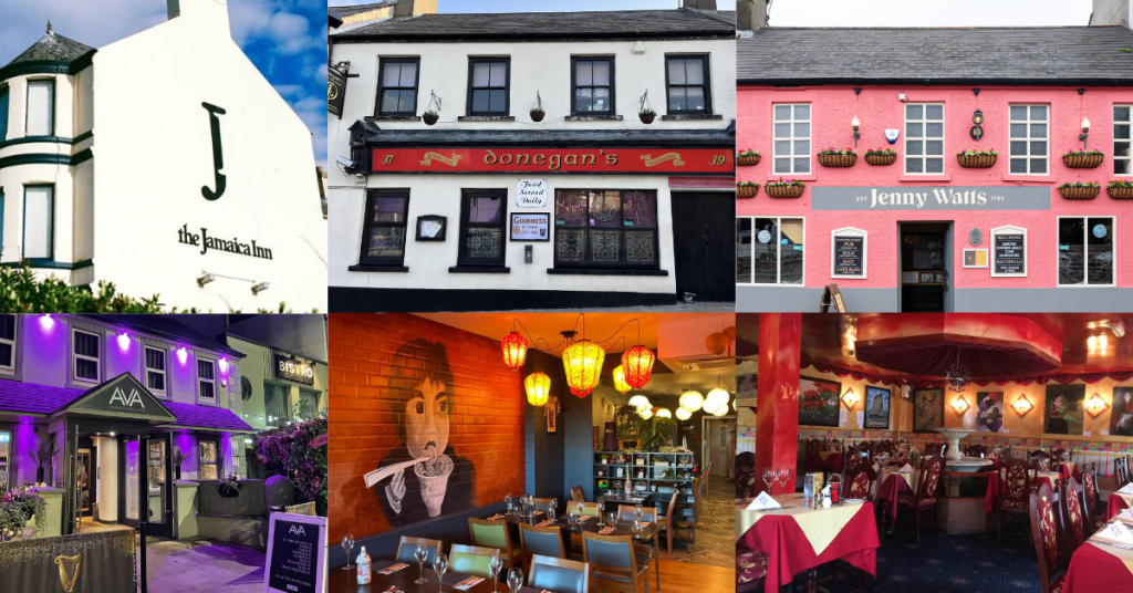 collage of images of restaurants in bangor northern ireland - jamaica inn, donegan's, jenny watts, the ava, tuk tuk and the bokhara