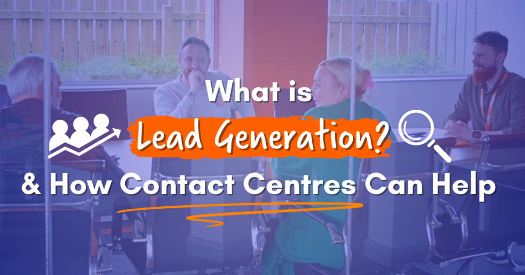 Lead generation blog featured image. Photo of people in meeting with purple overlay, white text and white icons.